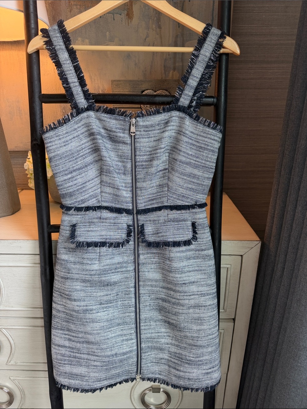 Silver & Navy Blue Tweed Fringe Detail Sundress with Front Zip